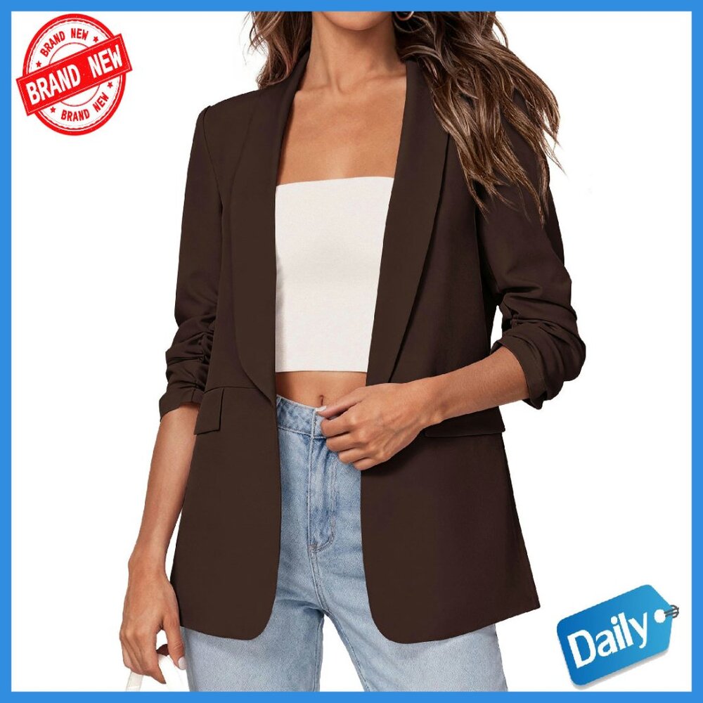 Lightweight Blazer 3/4 Sleeve Ruched Work Jacket Business Casual